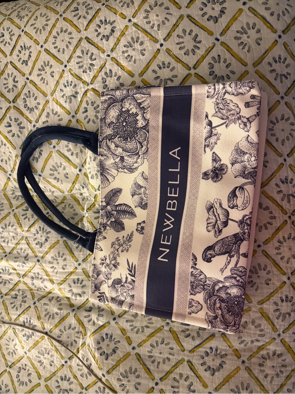 NEWBELLA Floral Print Tote in Ivory and Navy